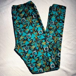 LuLaRoe Green Triangle & Yellow Floral Leggings